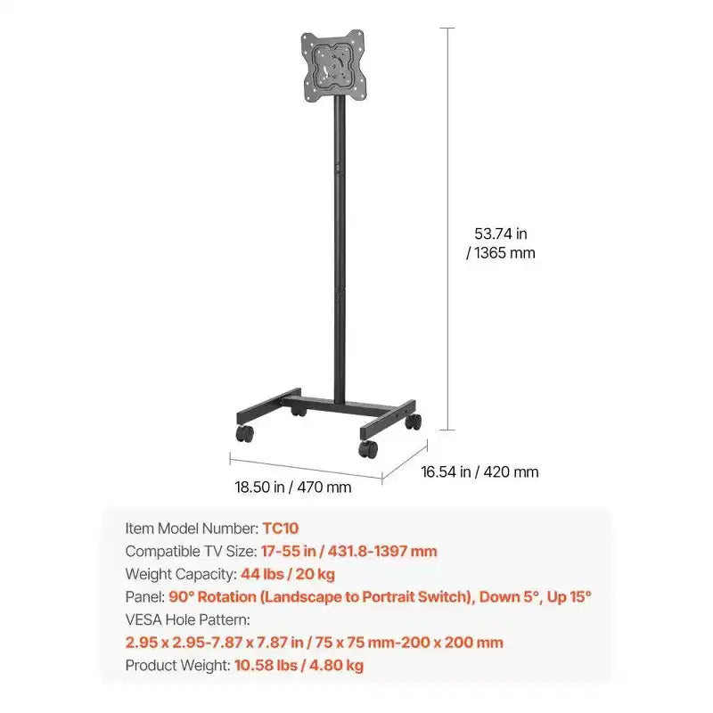 Rolling TV Stand for 1755 Inch TVs, Mobile TV Cart with Wheels, Portrait & Landscape Rotation, Holds up to 44 lbs, VESA 200x200