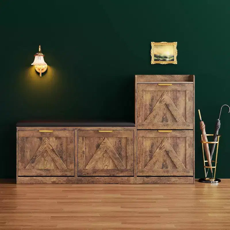 Meuble à chaussures avec banc, organisateur de rangement de chaussures d'entrée à 4 tiroirs basculants avec siège rembourré confortable, banc de rangement à chaussures autoportant pour hall d'entrée