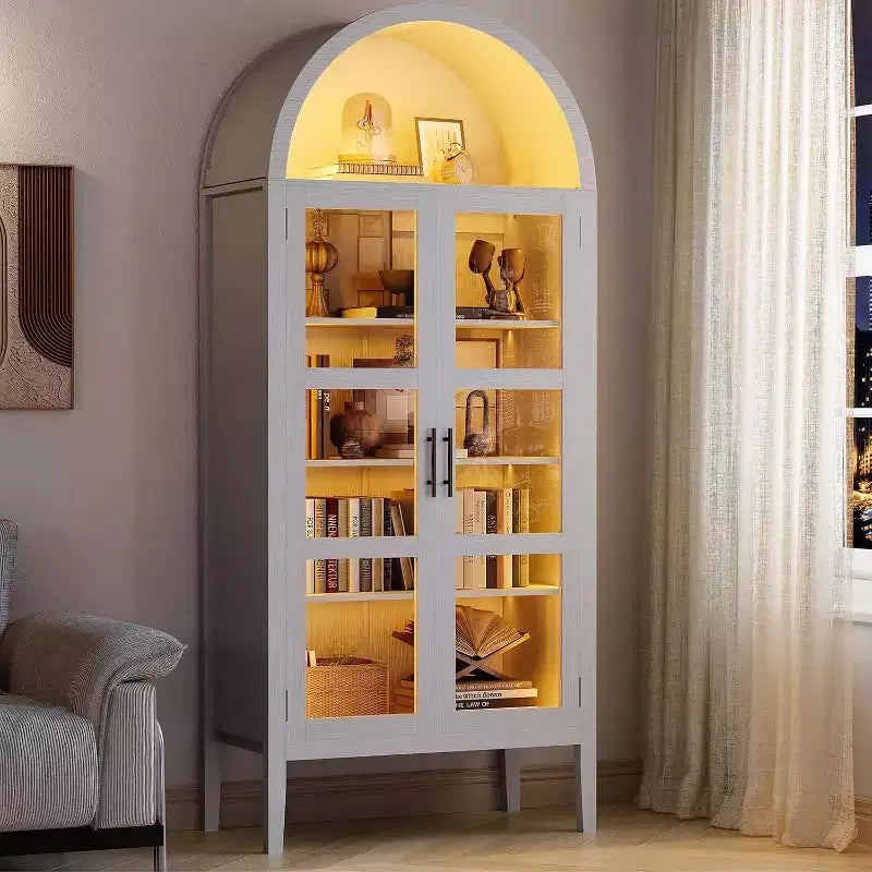 71 Inch High Arched Storage Closet with 3 Color Lights, 5-Level Kitchen Pantry Cabinet with Glass Doors, Versatile Arched Dining Room Shelf