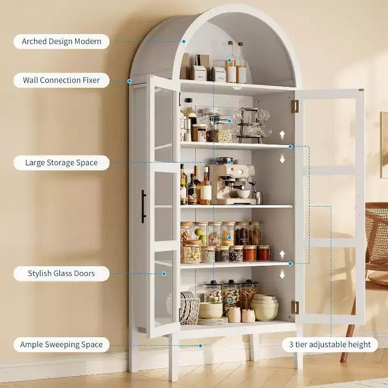 71 Inch High Arched Storage Closet with 3 Color Lights, 5-Level Kitchen Pantry Cabinet with Glass Doors, Versatile Arched Dining Room Shelf