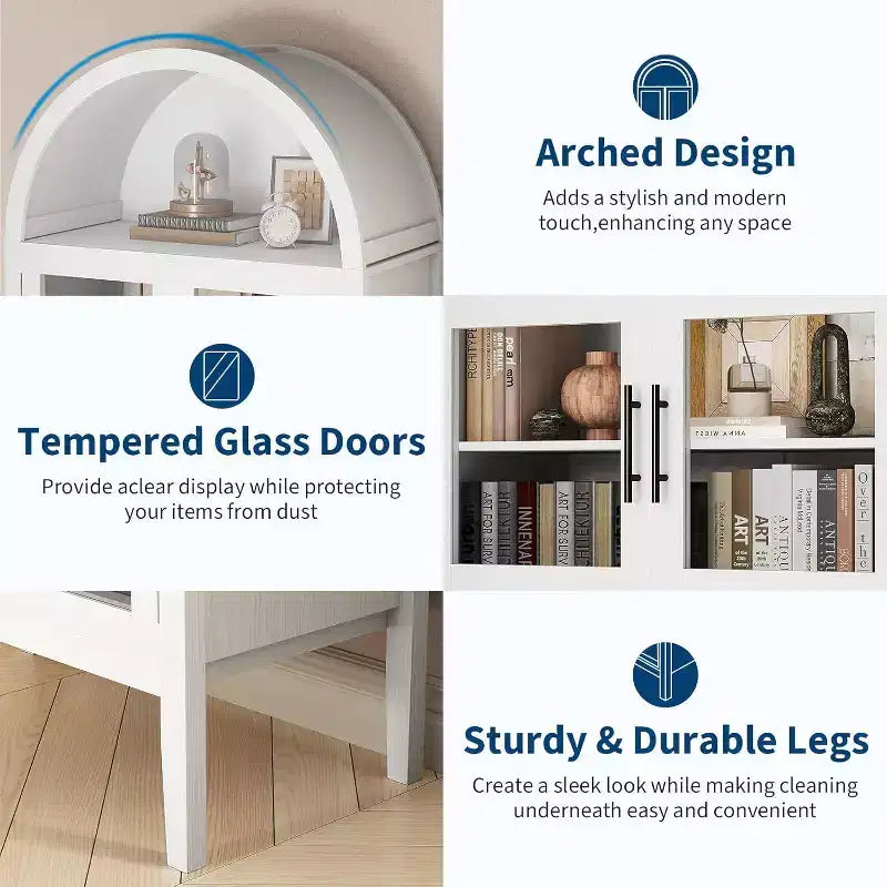 71 Inch High Arched Storage Closet with 3 Color Lights, 5-Level Kitchen Pantry Cabinet with Glass Doors, Versatile Arched Dining Room Shelf