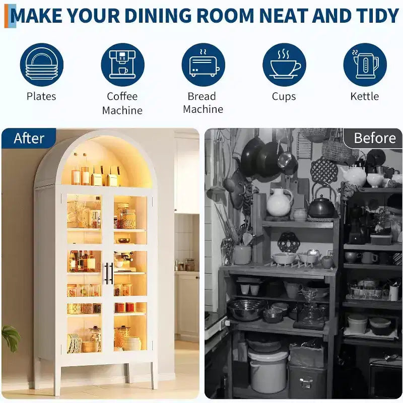 71 Inch High Arched Storage Closet with 3 Color Lights, 5-Level Kitchen Pantry Cabinet with Glass Doors, Versatile Arched Dining Room Shelf