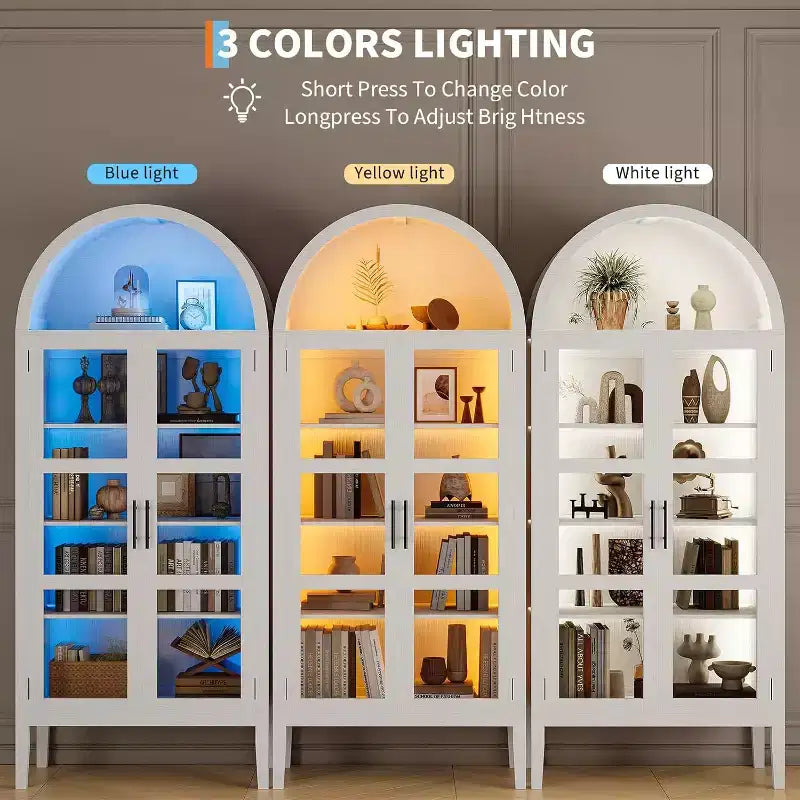 71 Inch High Arched Storage Closet with 3 Color Lights, 5-Level Kitchen Pantry Cabinet with Glass Doors, Versatile Arched Dining Room Shelf