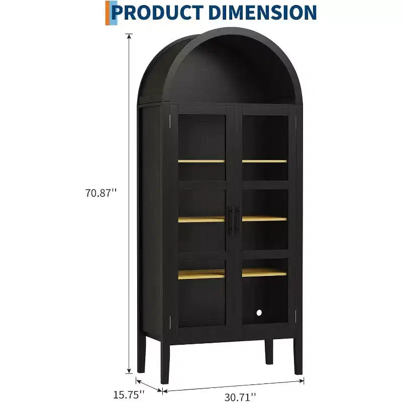 71 Inch High Arched Storage Closet with 3 Color Lights, 5-Level Kitchen Pantry Cabinet with Glass Doors, Versatile Arched Dining Room Shelf