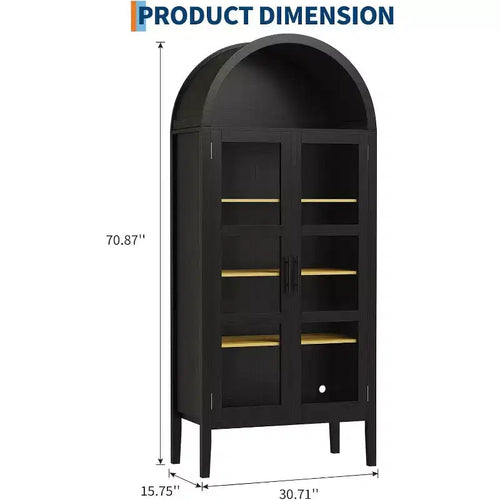 Armoire de rangement haute arquée de 71 pouces avec 3 lumières de couleur, armoire de garde-manger de cuisine à 5 niveaux avec portes en verre, étagère de salle à manger arquée polyvalente