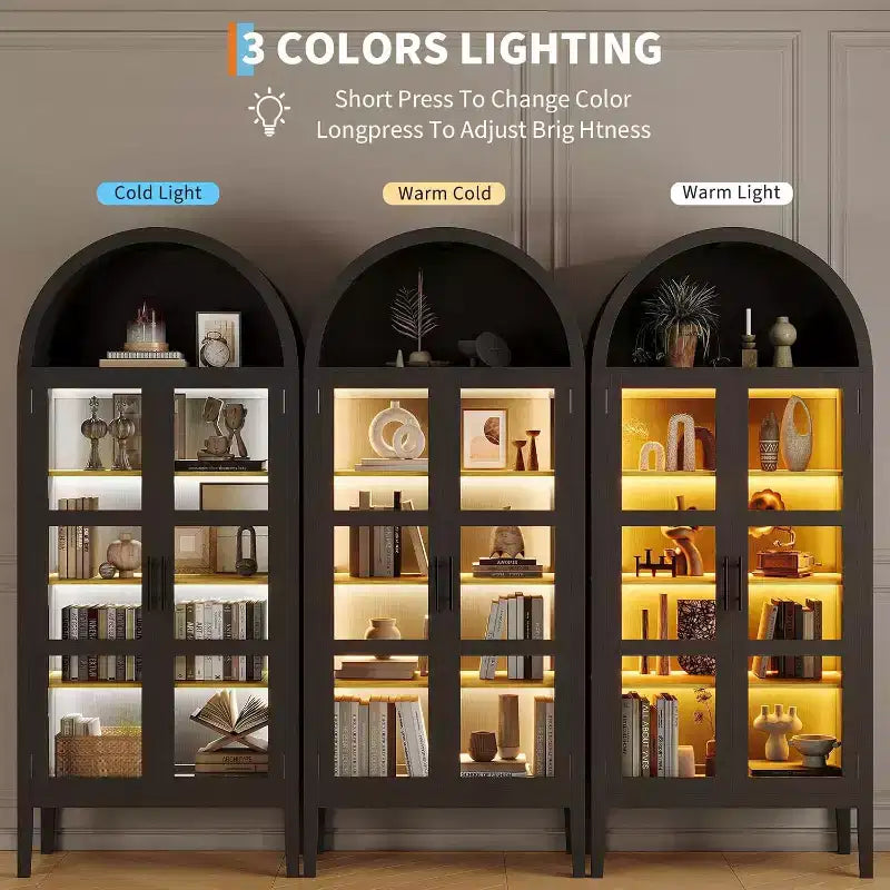71 Inch High Arched Storage Closet with 3 Color Lights, 5-Level Kitchen Pantry Cabinet with Glass Doors, Versatile Arched Dining Room Shelf