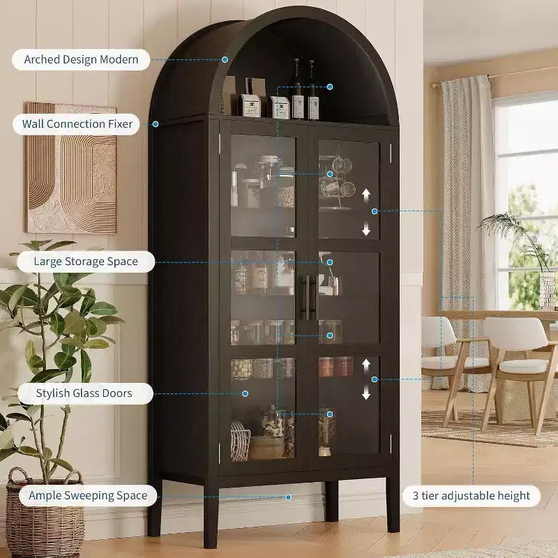 71 Inch High Arched Storage Closet with 3 Color Lights, 5-Level Kitchen Pantry Cabinet with Glass Doors, Versatile Arched Dining Room Shelf