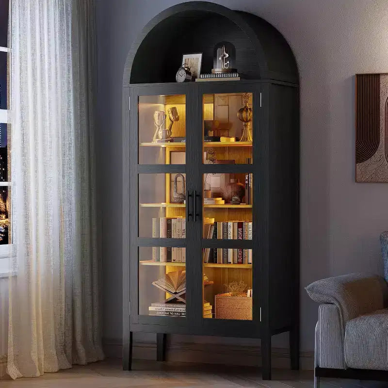 71 Inch High Arched Storage Closet with 3 Color Lights, 5-Level Kitchen Pantry Cabinet with Glass Doors, Versatile Arched Dining Room Shelf