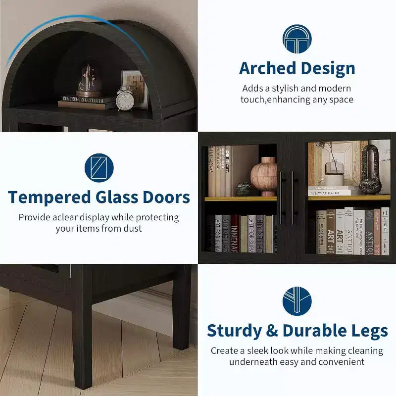 71 Inch High Arched Storage Closet with 3 Color Lights, 5-Level Kitchen Pantry Cabinet with Glass Doors, Versatile Arched Dining Room Shelf