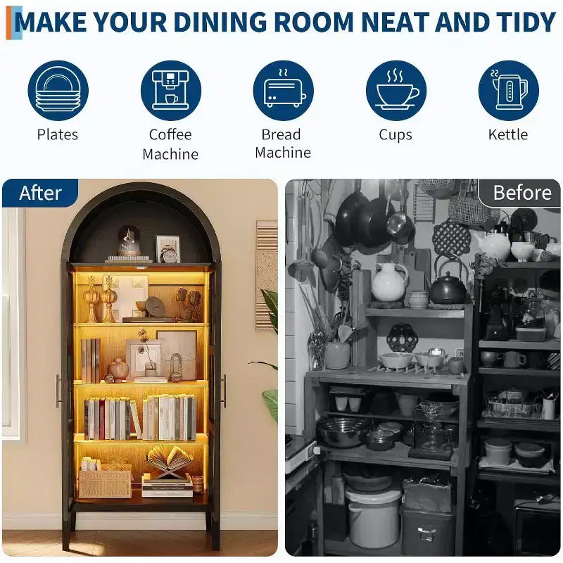 71 Inch High Arched Storage Closet with 3 Color Lights, 5-Level Kitchen Pantry Cabinet with Glass Doors, Versatile Arched Dining Room Shelf