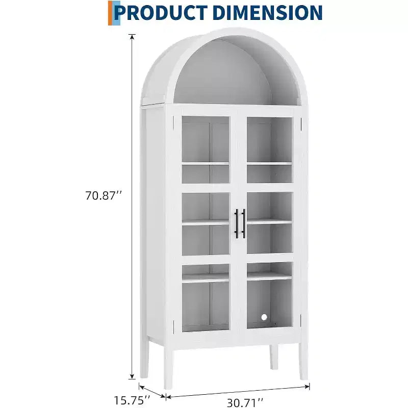 71 Inch High Arched Storage Closet with 3 Color Lights, 5-Level Kitchen Pantry Cabinet with Glass Doors, Versatile Arched Dining Room Shelf