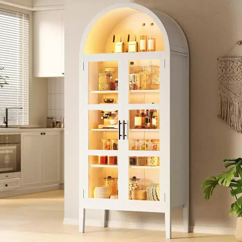 Armoire de rangement haute arquée de 71 pouces avec 3 lumières de couleur, armoire de garde-manger de cuisine à 5 niveaux avec portes en verre, étagère de salle à manger arquée polyvalente