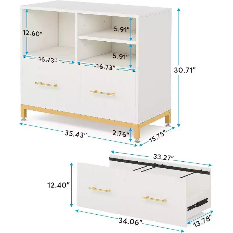 Lantine Lateral File Cabinet with Drawer, White Filing Cabinet for Letter/Legal/A4 Size with Printer Stand for Home Office, White and Gold