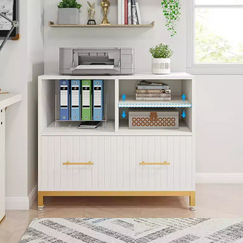 Lantine Lateral File Cabinet with Drawer, White Filing Cabinet for Letter/Legal/A4 Size with Printer Stand for Home Office, White and Gold
