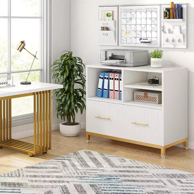Lantine Lateral File Cabinet with Drawer, White Filing Cabinet for Letter/Legal/A4 Size with Printer Stand for Home Office, White and Gold