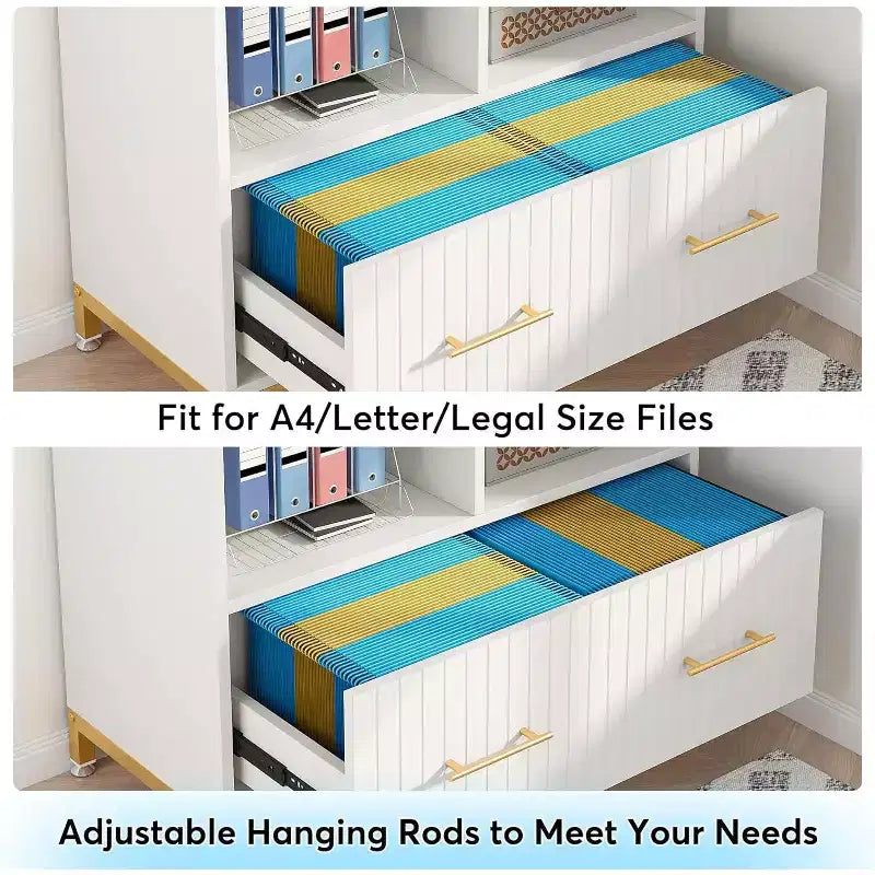 Lantine Lateral File Cabinet with Drawer, White Filing Cabinet for Letter/Legal/A4 Size with Printer Stand for Home Office, White and Gold