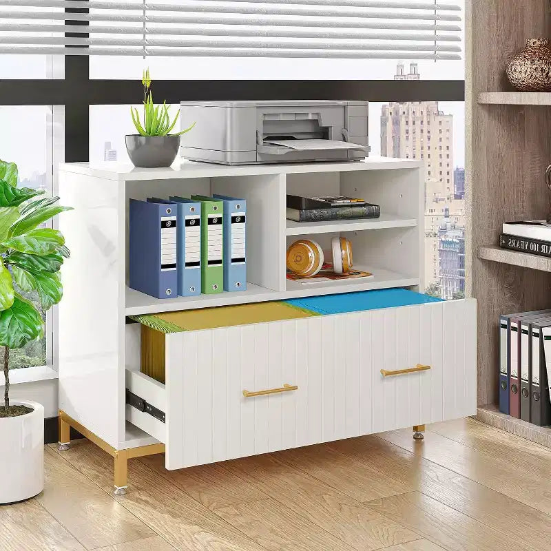 Lantine Lateral File Cabinet with Drawer, White Filing Cabinet for Letter/Legal/A4 Size with Printer Stand for Home Office, White and Gold