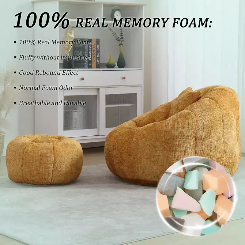 Modern Bean Bag Chairs, Comfy Round Chair for Adults with Ottoman, Leisure Single Sofa Reading Chair with Pillow for Living Room, Bedroom