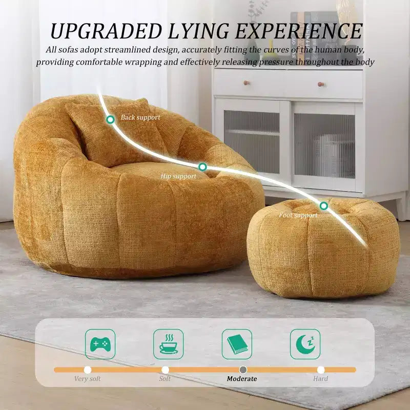 Modern Bean Bag Chairs, Comfy Round Chair for Adults with Ottoman, Leisure Single Sofa Reading Chair with Pillow for Living Room, Bedroom