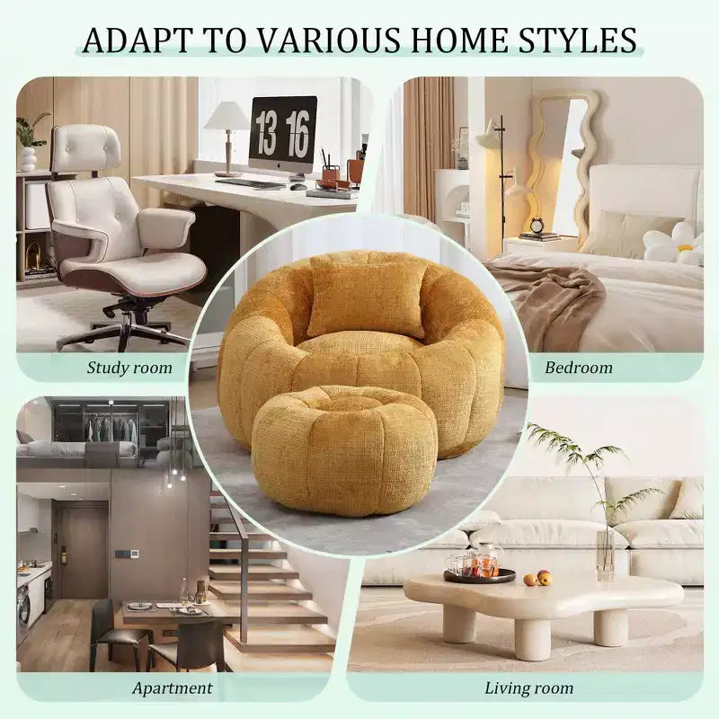 Modern Bean Bag Chairs, Comfy Round Chair for Adults with Ottoman, Leisure Single Sofa Reading Chair with Pillow for Living Room, Bedroom
