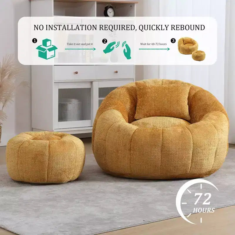 Modern Bean Bag Chairs, Comfy Round Chair for Adults with Ottoman, Leisure Single Sofa Reading Chair with Pillow for Living Room, Bedroom