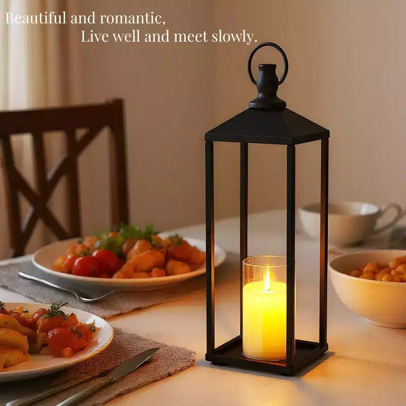 Black Metal Lantern Set of 2  Flameless LED Outdoor/Indoor Lanterns for Porch, Patio & Farmhouse Christmas Decor