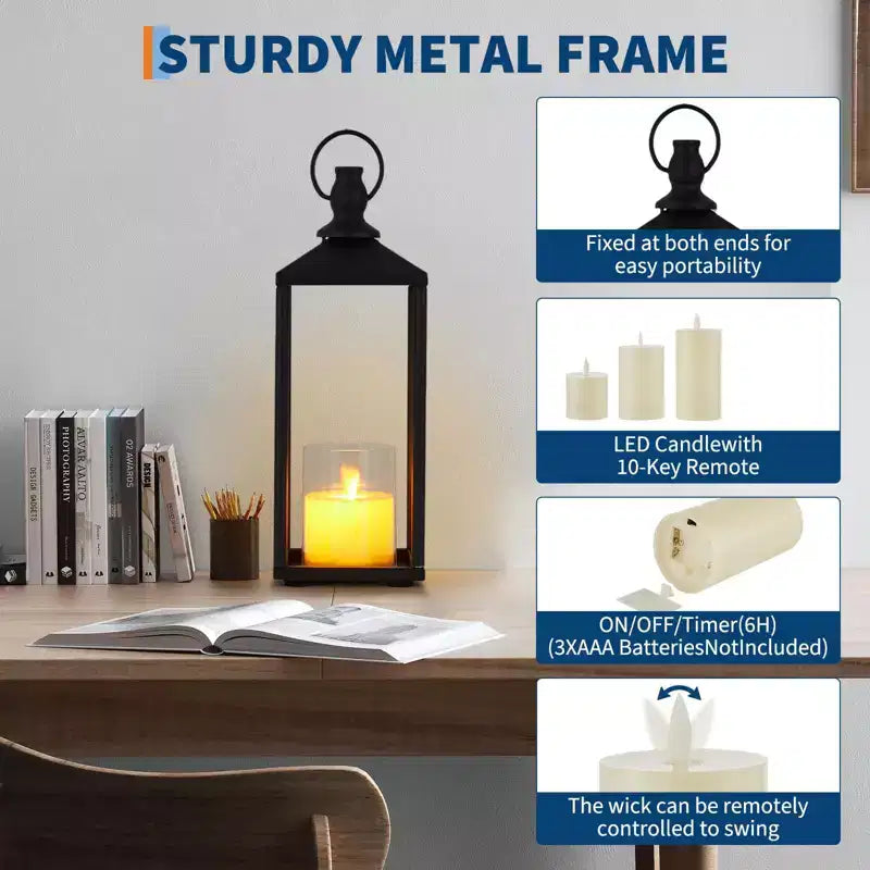 Black Metal Lantern Set of 2  Flameless LED Outdoor/Indoor Lanterns for Porch, Patio & Farmhouse Christmas Decor