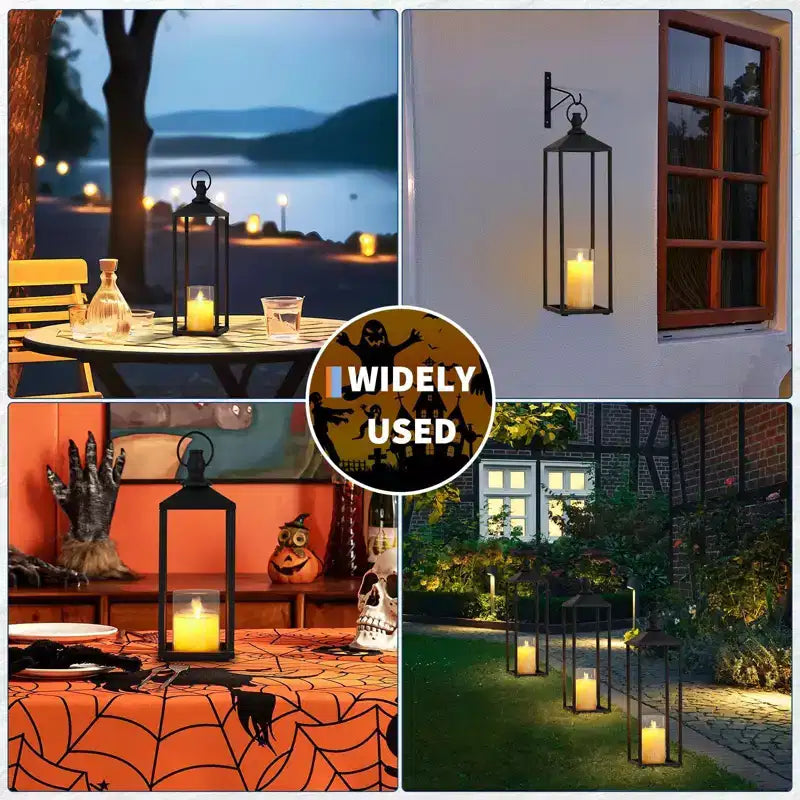 Black Metal Lantern Set of 2  Flameless LED Outdoor/Indoor Lanterns for Porch, Patio & Farmhouse Christmas Decor