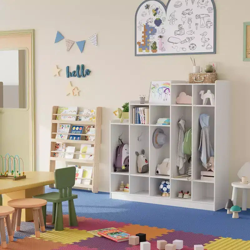 5-Section Classroom Coat Locker with 9 Cubbies & 10 Hooks, Daycare Storage Organizer for Kids, Nursery, Kindergarten, Home, Natural Wood