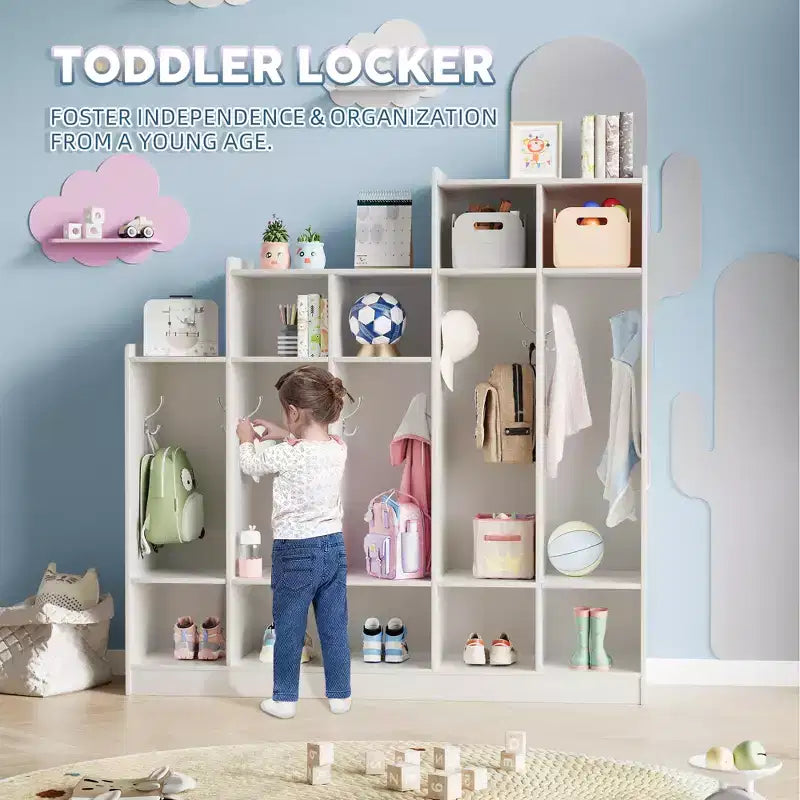 5-Section Classroom Coat Locker with 9 Cubbies & 10 Hooks, Daycare Storage Organizer for Kids, Nursery, Kindergarten, Home, Natural Wood