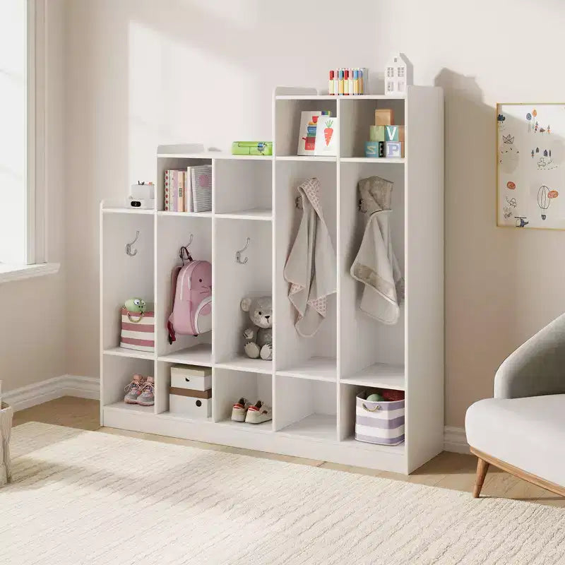 5-Section Classroom Coat Locker with 9 Cubbies & 10 Hooks, Daycare Storage Organizer for Kids, Nursery, Kindergarten, Home, Natural Wood