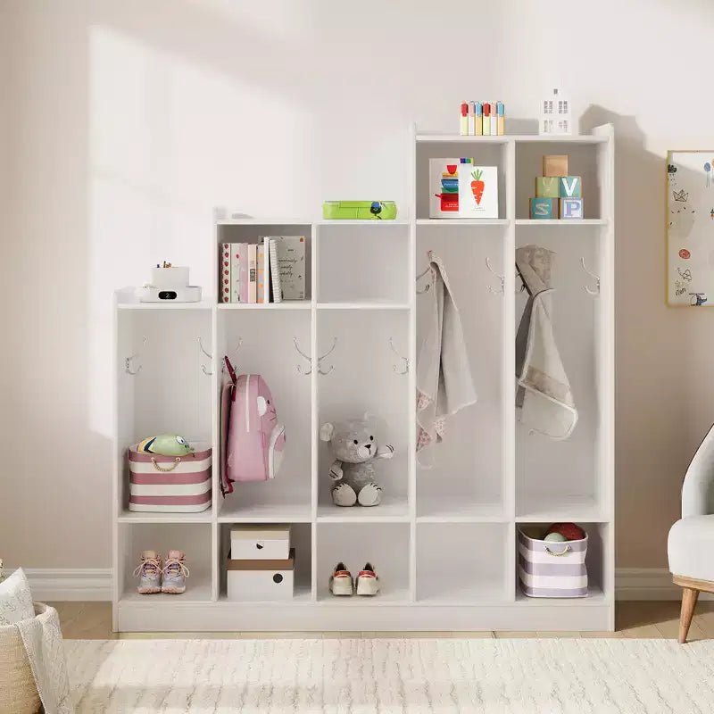 5-Section Classroom Coat Locker with 9 Cubbies & 10 Hooks, Daycare Storage Organizer for Kids, Nursery, Kindergarten, Home, Natural Wood
