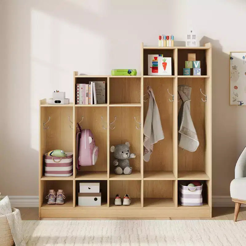 5-Section Classroom Coat Locker with 9 Cubbies & 10 Hooks, Daycare Storage Organizer for Kids, Nursery, Kindergarten, Home, Natural Wood