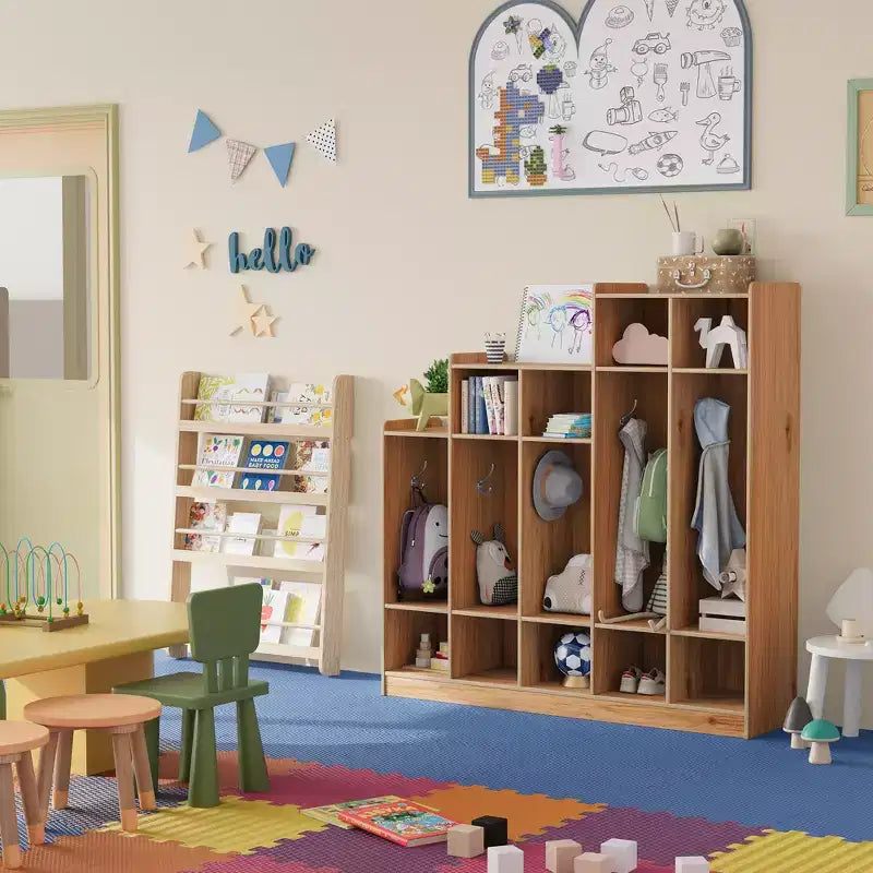 5-Section Classroom Coat Locker with 9 Cubbies & 10 Hooks, Daycare Storage Organizer for Kids, Nursery, Kindergarten, Home, Natural Wood