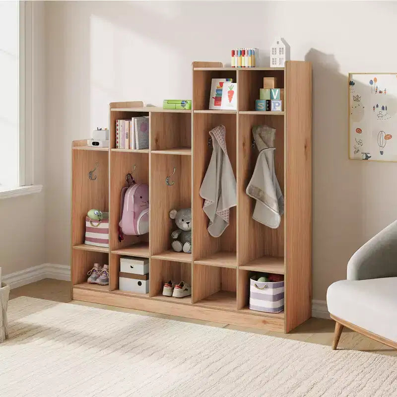 5-Section Classroom Coat Locker with 9 Cubbies & 10 Hooks, Daycare Storage Organizer for Kids, Nursery, Kindergarten, Home, Natural Wood