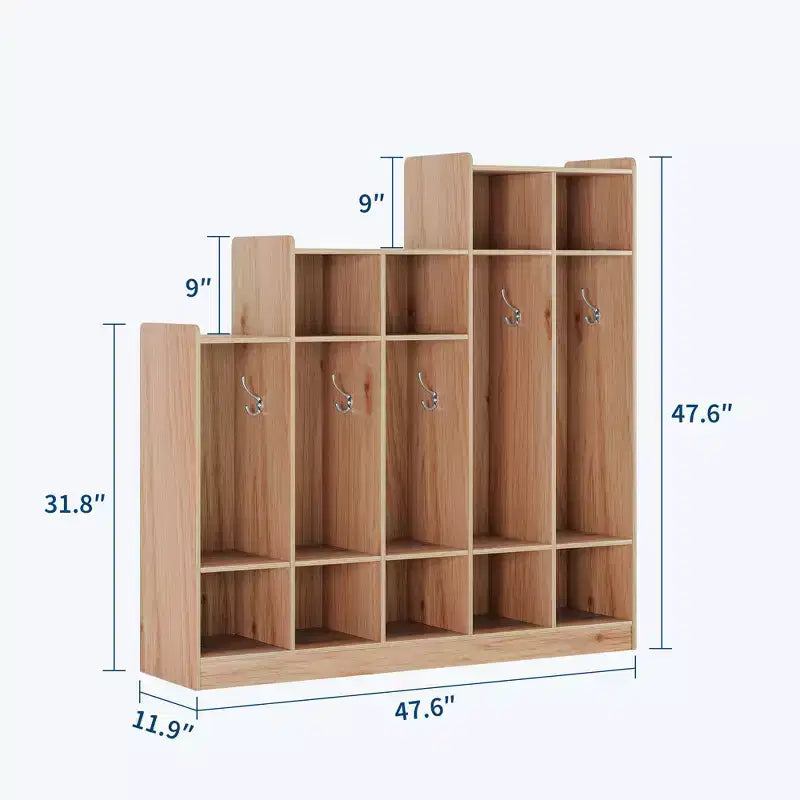 5-Section Classroom Coat Locker with 9 Cubbies & 10 Hooks, Daycare Storage Organizer for Kids, Nursery, Kindergarten, Home, Natural Wood