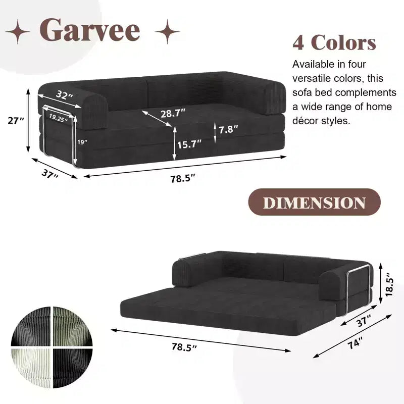 Acekool Convertible Corduroy Sleeper Sofa Bed, 3 Seater Folding Mattress Couch, No Assembly Floor Futon for Living Room Dorm Studio