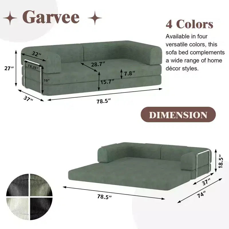 Acekool Convertible Corduroy Sleeper Sofa Bed, 3 Seater Folding Mattress Couch, No Assembly Floor Futon for Living Room Dorm Studio