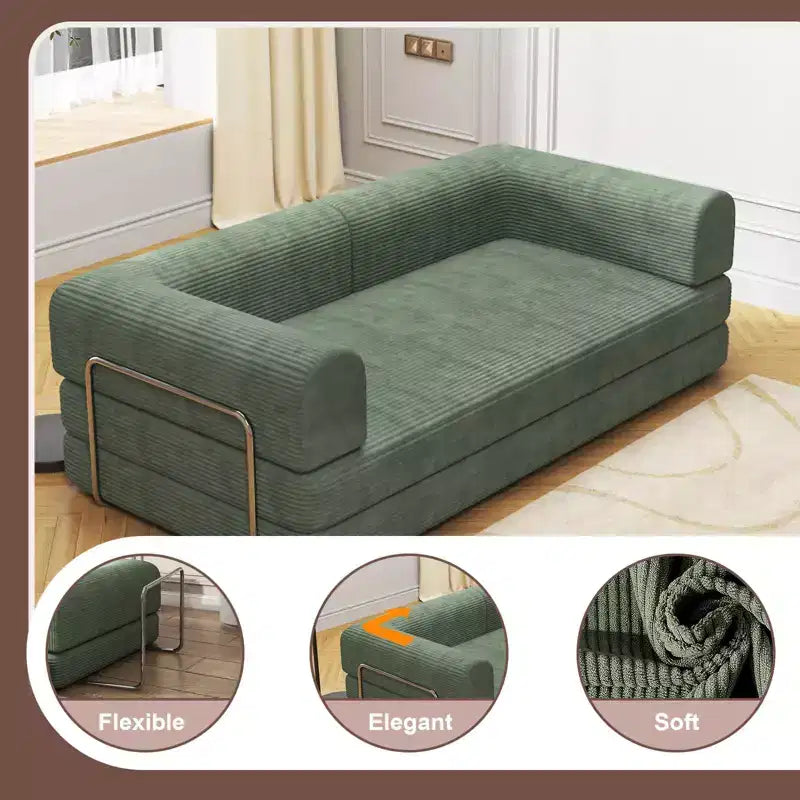 Acekool Convertible Corduroy Sleeper Sofa Bed, 3 Seater Folding Mattress Couch, No Assembly Floor Futon for Living Room Dorm Studio
