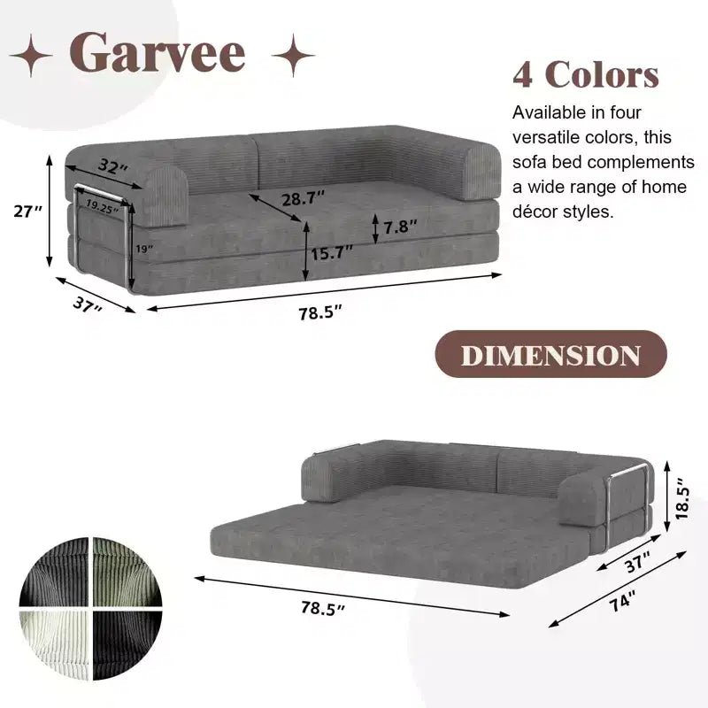 Acekool Convertible Corduroy Sleeper Sofa Bed, 3 Seater Folding Mattress Couch, No Assembly Floor Futon for Living Room Dorm Studio