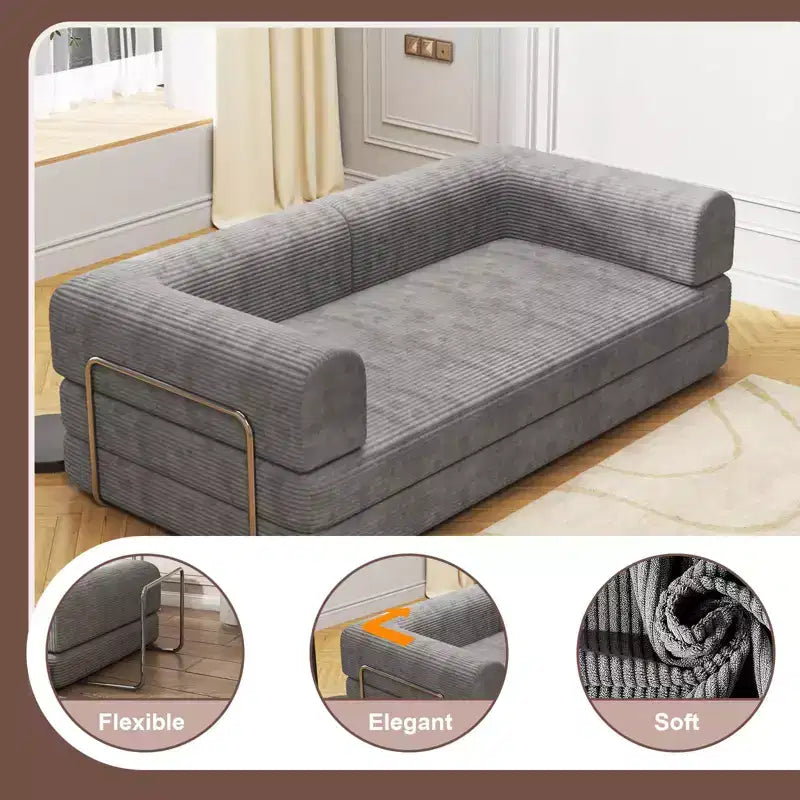 Acekool Convertible Corduroy Sleeper Sofa Bed, 3 Seater Folding Mattress Couch, No Assembly Floor Futon for Living Room Dorm Studio