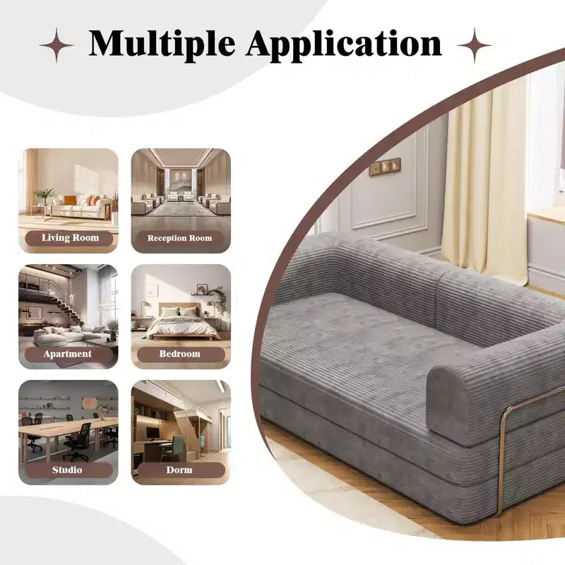 Acekool Convertible Corduroy Sleeper Sofa Bed, 3 Seater Folding Mattress Couch, No Assembly Floor Futon for Living Room Dorm Studio