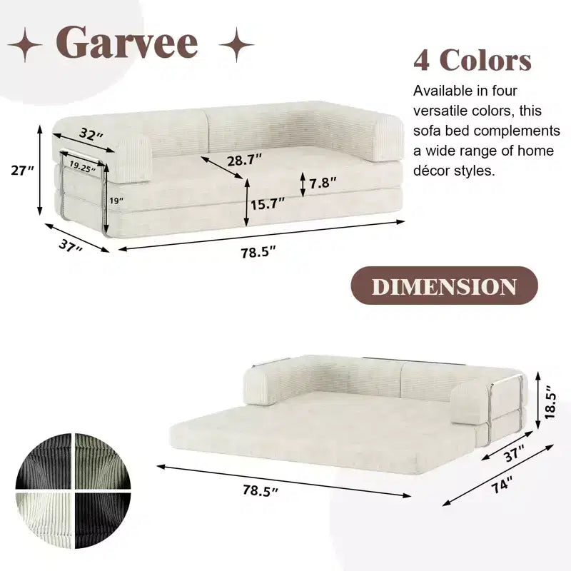 Acekool Convertible Corduroy Sleeper Sofa Bed, 3 Seater Folding Mattress Couch, No Assembly Floor Futon for Living Room Dorm Studio