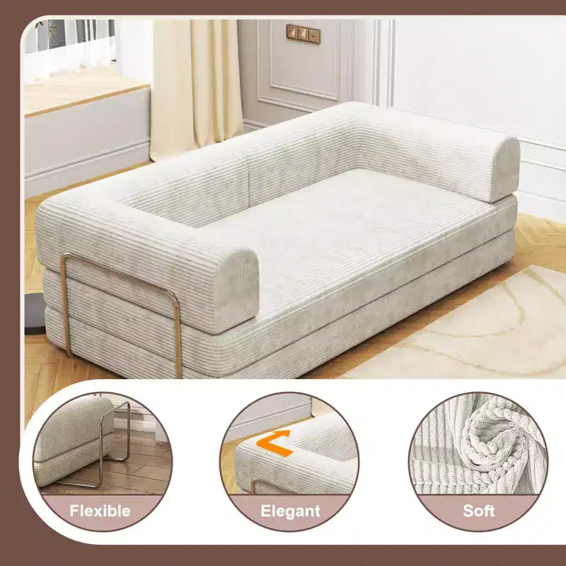Acekool Convertible Corduroy Sleeper Sofa Bed, 3 Seater Folding Mattress Couch, No Assembly Floor Futon for Living Room Dorm Studio