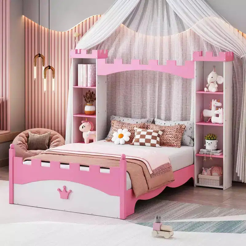 MAYEERTY Castle Wooden Bed with Storage Shelf Dreamy Twin Size Platform Bed for Kids White Pink
