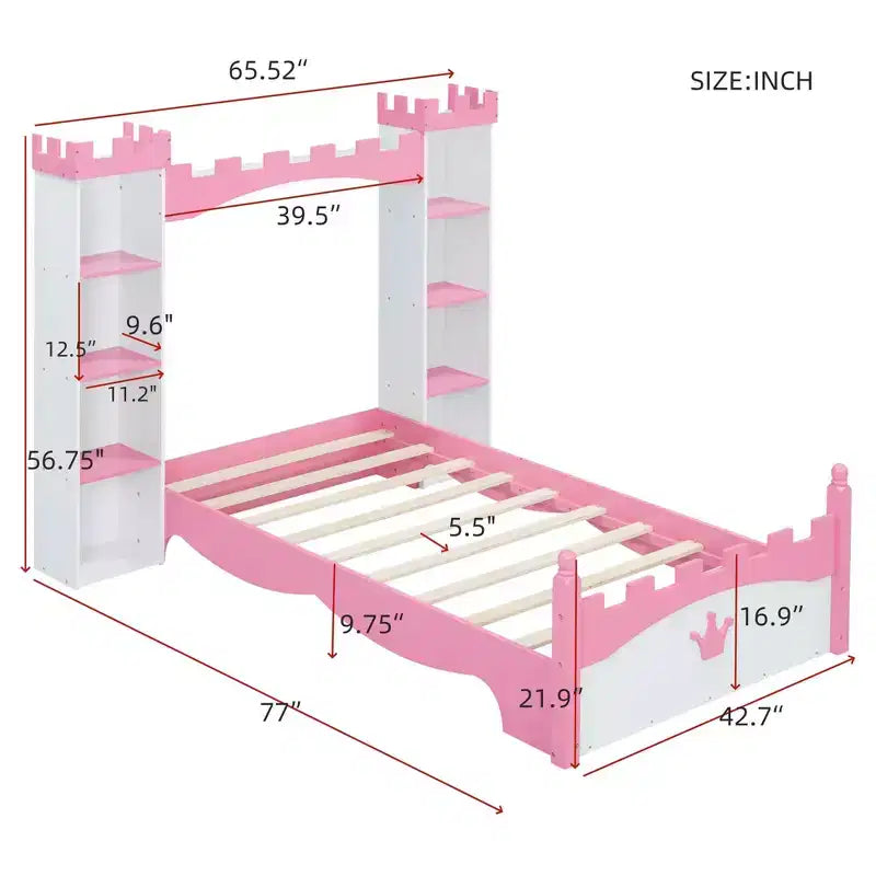 MAYEERTY Castle Wooden Bed with Storage Shelf Dreamy Twin Size Platform Bed for Kids White Pink