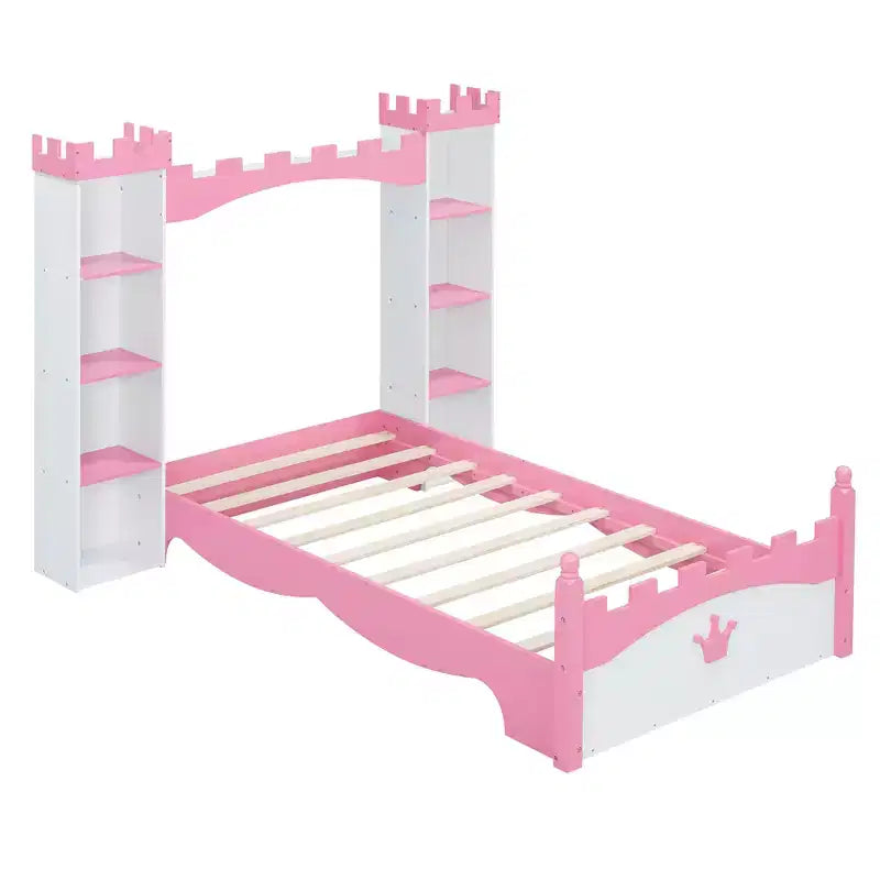 MAYEERTY Castle Wooden Bed with Storage Shelf Dreamy Twin Size Platform Bed for Kids White Pink