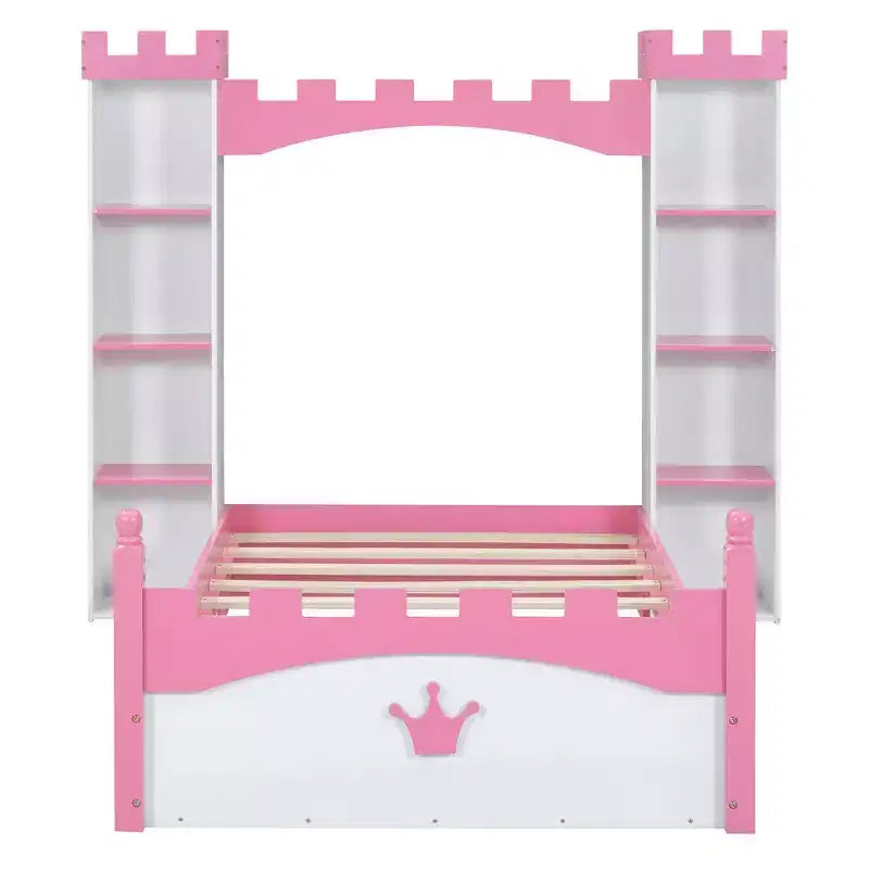 MAYEERTY Castle Wooden Bed with Storage Shelf Dreamy Twin Size Platform Bed for Kids White Pink
