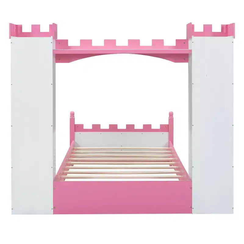 MAYEERTY Castle Wooden Bed with Storage Shelf Dreamy Twin Size Platform Bed for Kids White Pink