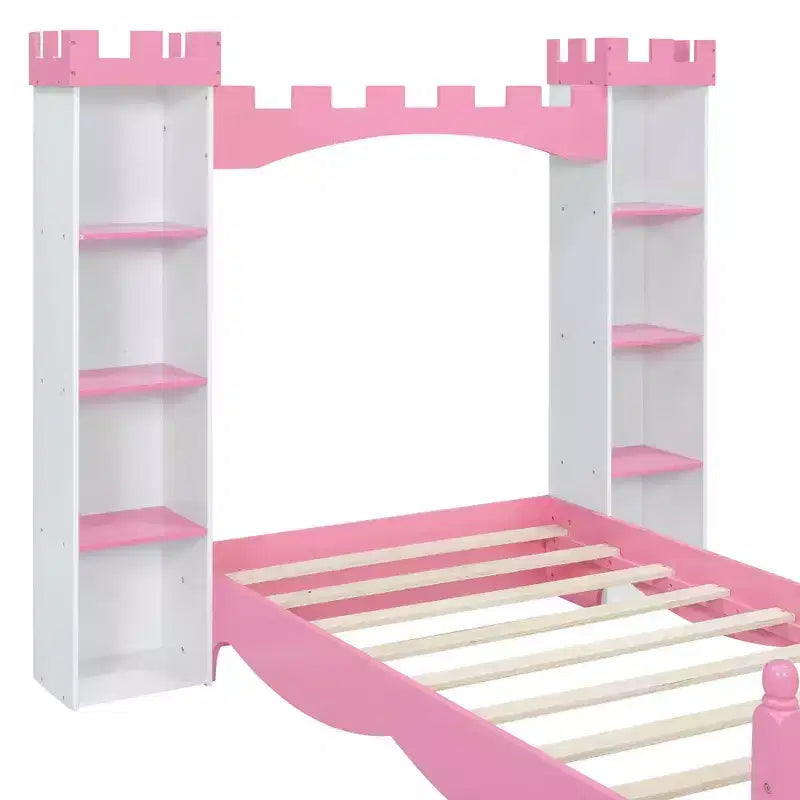 MAYEERTY Castle Wooden Bed with Storage Shelf Dreamy Twin Size Platform Bed for Kids White Pink